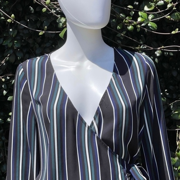 Express Bohemian Wrap Style Stripe Plunge V-Neck Blouse - Picture 3 of 11